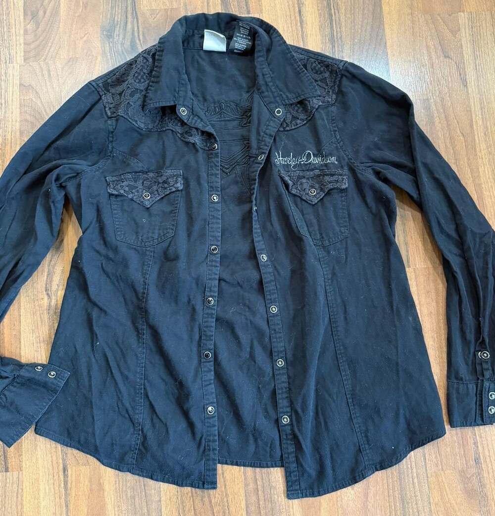 Harley Davidson Long Sleeve Button Down Shirt Size XL Black Lace Accents